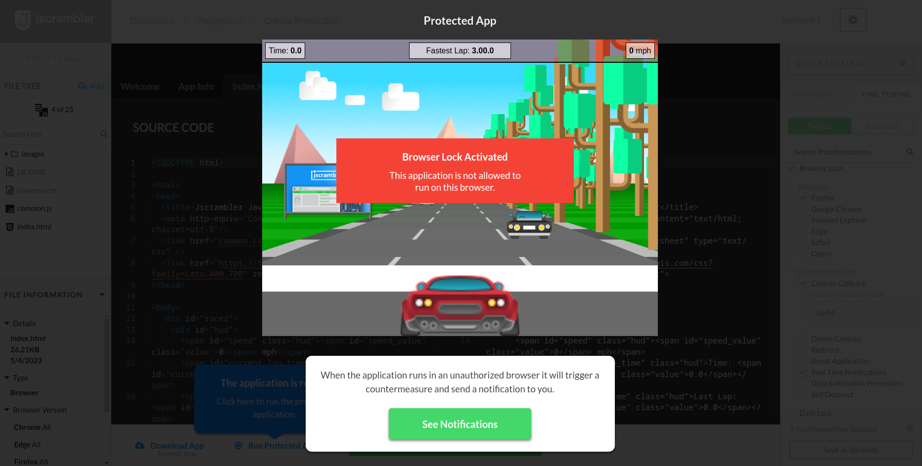 run your newly protected app to trigger the code lock and to see our HTML5 racing game