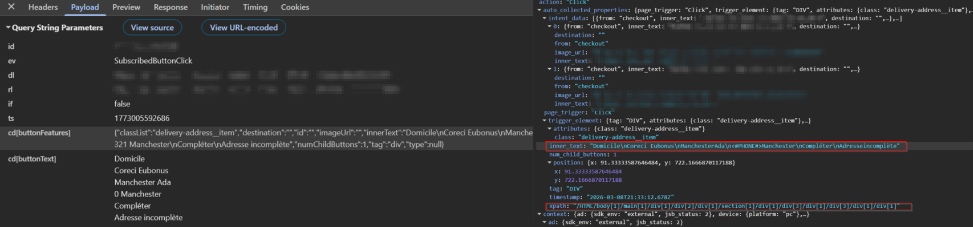 Figure 1 - Evidence of Meta (left) and TikTok (right) transmitting customer name and address data during checkout
