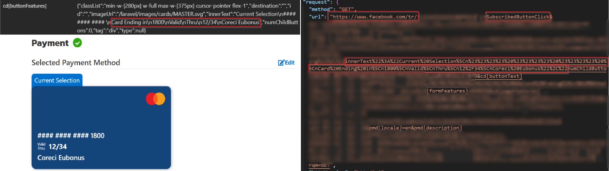 Figure 2 - Evidence of Meta collecting and transmitting card-related checkout metadata, including the last four digits and the cardholder's name