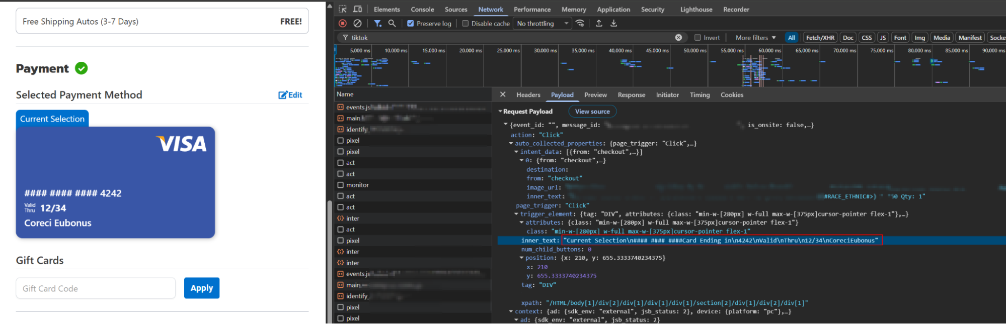 Figure 3 - Evidence of TikTok collecting and transmitting card-related checkout metadata, including the last four digits and the cardholder's name