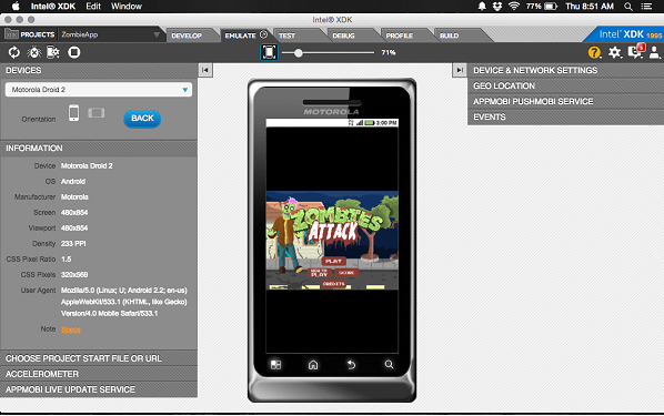 test your app by clicking on the emulate or test tab