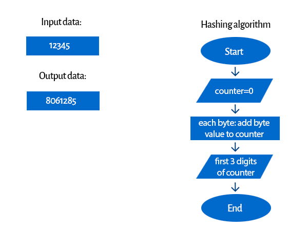 example of hashing Algorithm explaning the process of applying a hash function algorithm to a given input