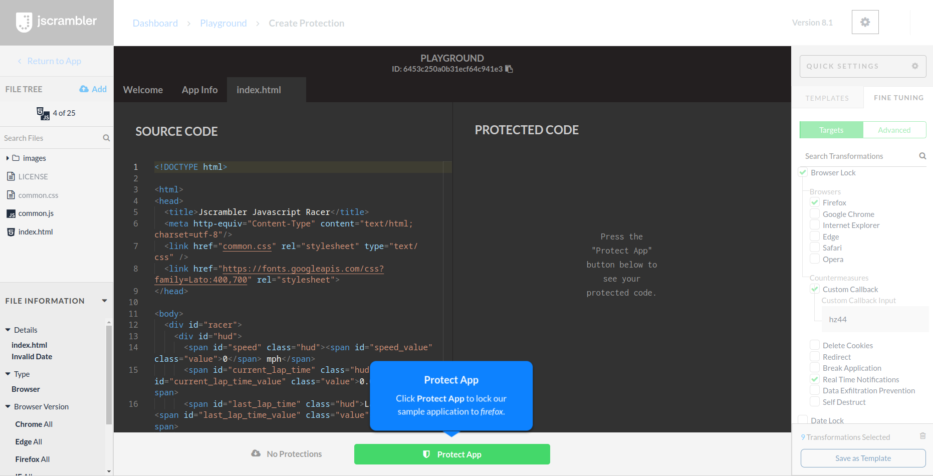 demo screen of Jscrambler's web application