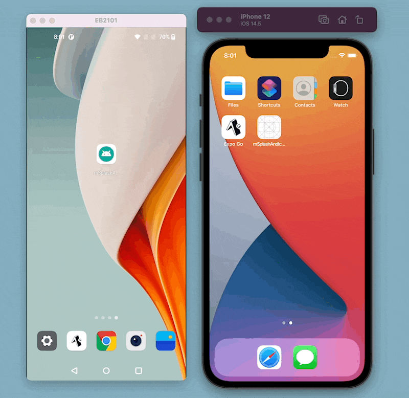 example of how app looks like in its current form as the splash screen and the app icon are defaults that come with React Native