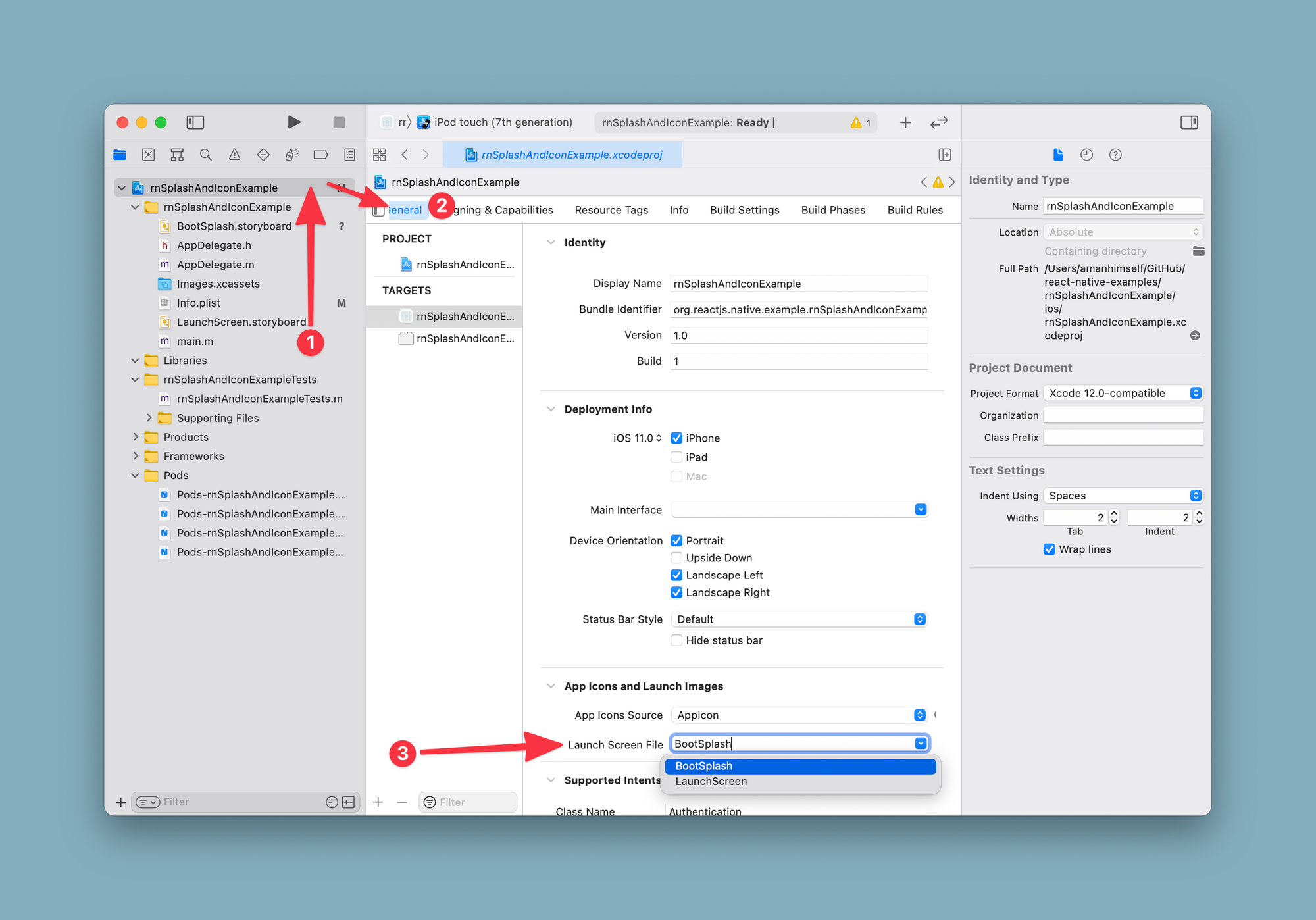 select the Xcode project from the file manager and select BootSplash from the dropdown menu next to Launch Screen File.