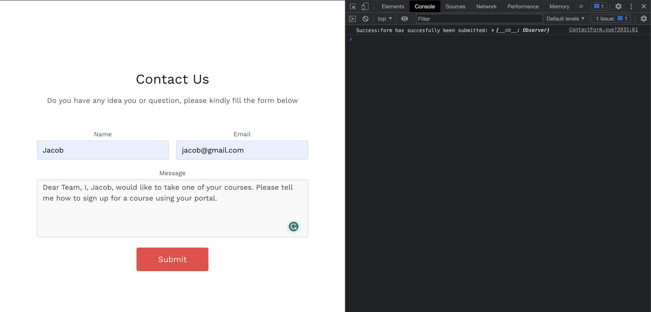 sample diagram of our form that was submitted to the console